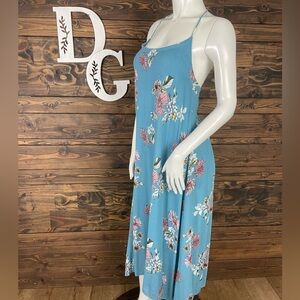 Floral Blue Spaghetti Strap Dress Open Back Criss Cross Strappy Flowy Midi Dress